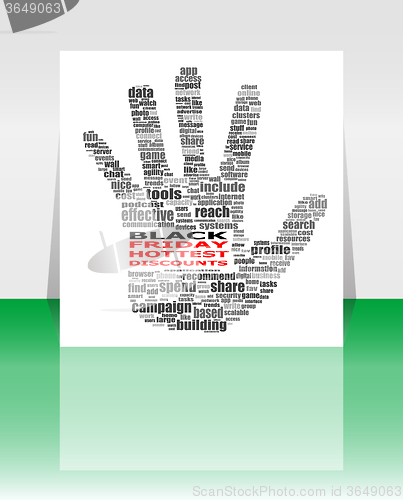 Image of Hand sign with social media word cloud. Black friday. Vector illustration