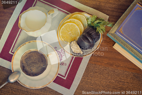 Image of Still life : a Cup of black coffee on the table.