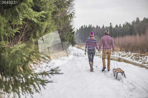 Image of Young couple having a slaigh winter forest walk