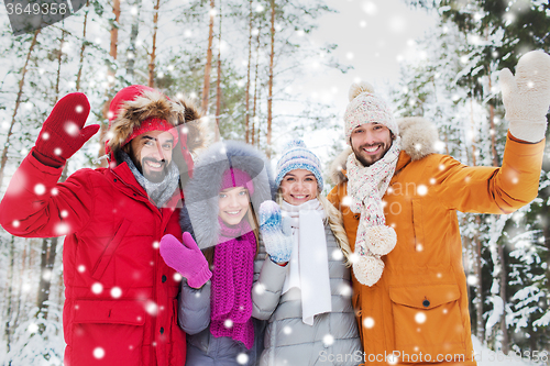 Image of group of friends waving hands in winter forest