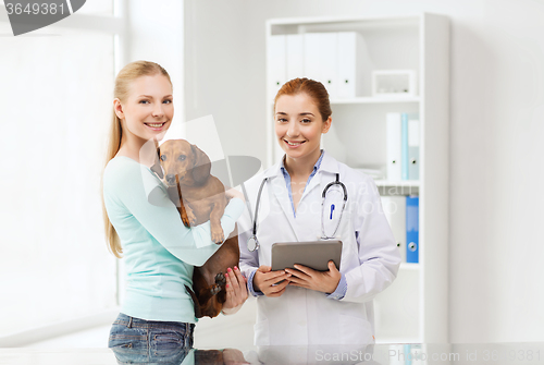 Image of happy woman with dog and doctor at vet clinic