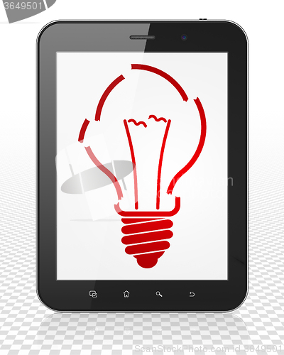 Image of Finance concept: Tablet Pc Computer with Light Bulb on display