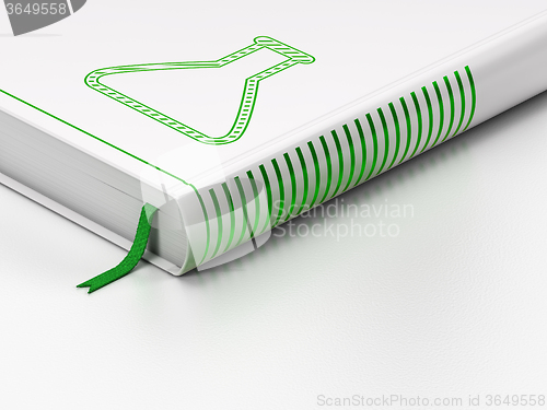 Image of Science concept: closed book, Flask on white background