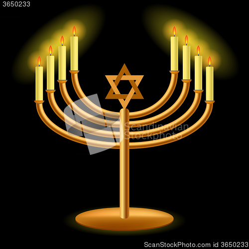 Image of Gold Menorah with Burning Candles