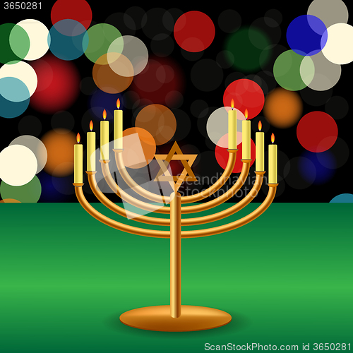 Image of Metal Menorah with Burning Candles