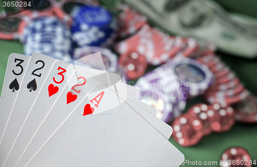 Image of Card for poker in the hand, chips and card for poker