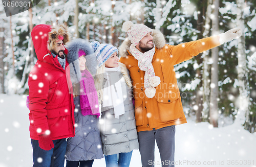 Image of group of smiling men and women in winter forest