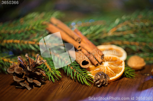 Image of christmas fir branch, cinnamon and dried orange