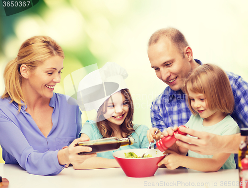 Image of happy family with two kids eating at home