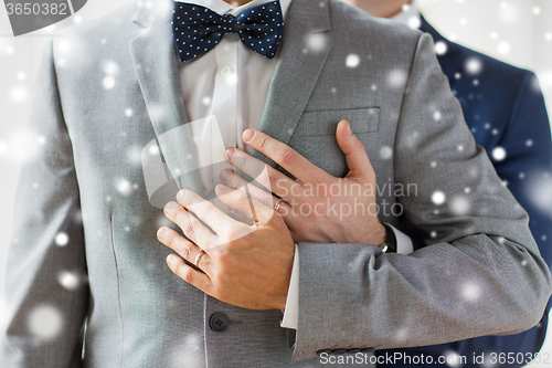 Image of close up of male gay couple with wedding rings on
