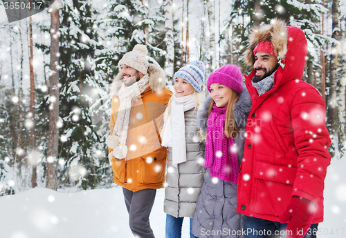 Image of group of smiling men and women in winter forest