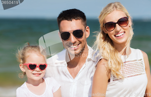 Image of happy family in sunglasses on summer beach