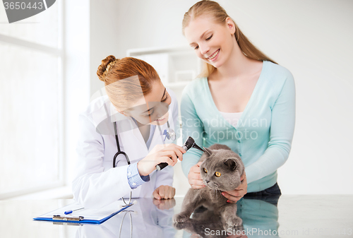 Image of happy woman with cat and doctor at vet clinic