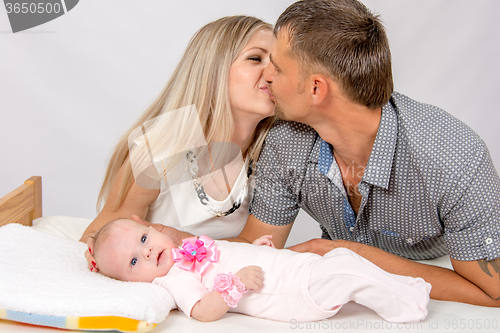 Image of Mom and dad kiss each other while sitting next to a two-month baby