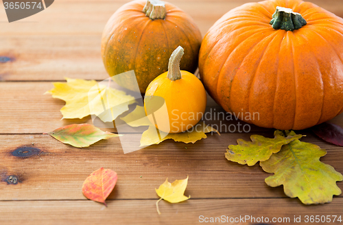 Image of close up of pumpkins on wooden table at home