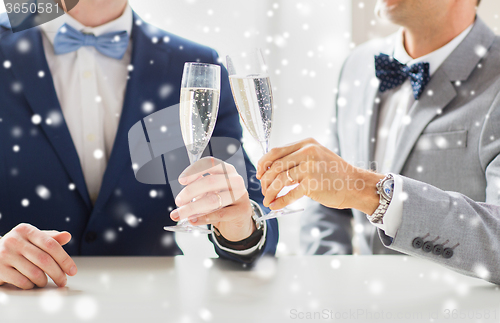 Image of close up of male gay couple with champagne glasses