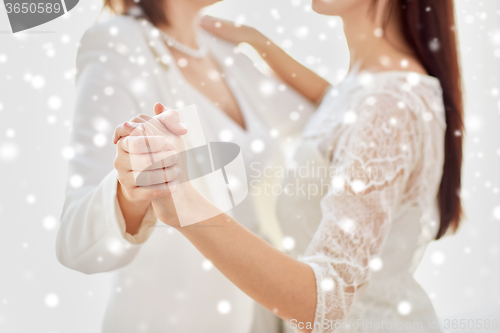 Image of close up of happy married lesbian couple dancing