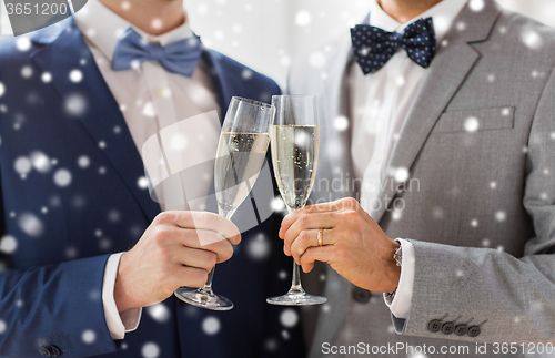 Image of close up of male gay couple with champagne glasses