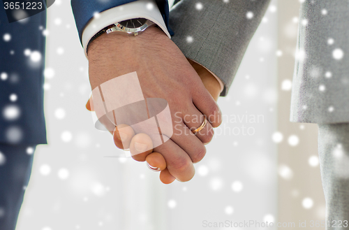 Image of close up of male gay hands with wedding rings on