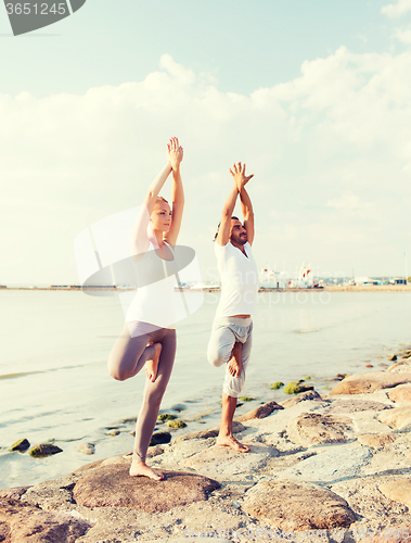 Image of couple making yoga exercises outdoors