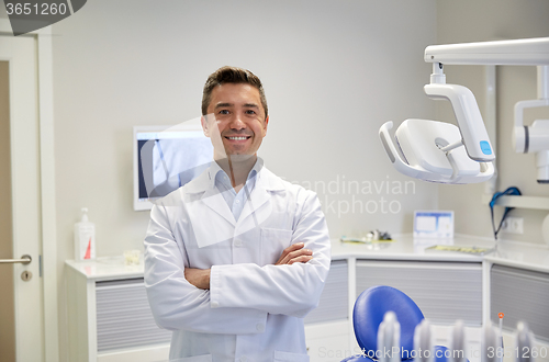 Image of happy male dentist at dental clinic office