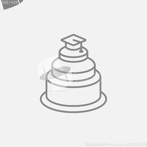 Image of Graduation cap on top of cake line icon.
