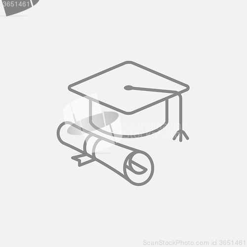 Image of Graduation cap with paper scroll line icon.