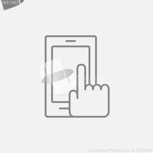 Image of Finger pointing at smart phone line icon.