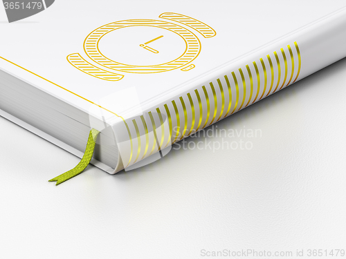 Image of Timeline concept: closed book, Hand Watch on white background