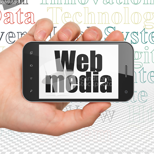 Image of Web development concept: Hand Holding Smartphone with Web Media on display