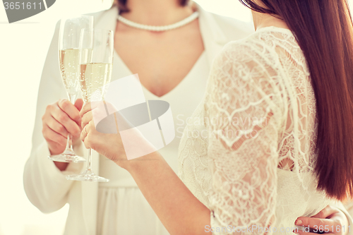 Image of close up of lesbian couple with champagne glasses