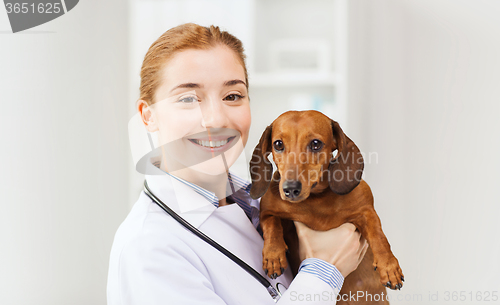 Image of happy doctor with dog at vet clinic