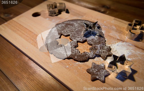 Image of close up of ginger dough, molds and flour on board