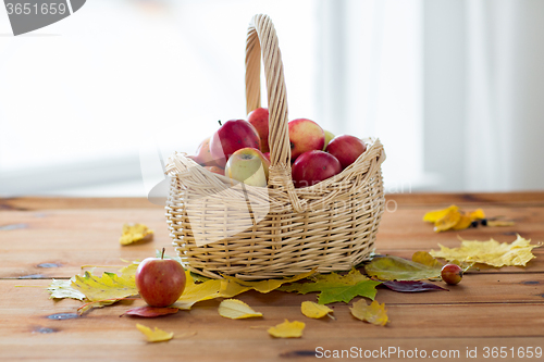 Image of close up of basket with apples on wooden table