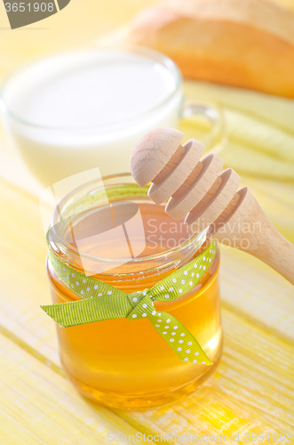 Image of honey,bread and milk