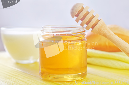 Image of honey,bread and milk