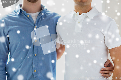 Image of close up of happy male gay couple hugging