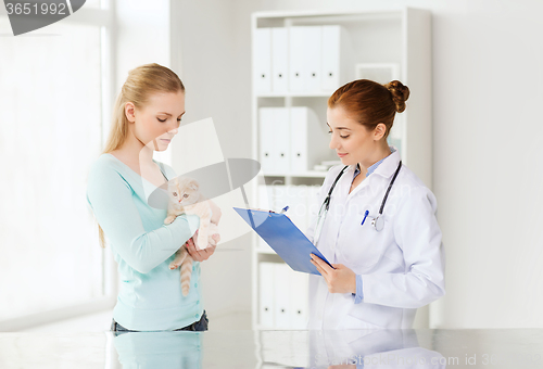 Image of woman with cat and doctor at vet clinic