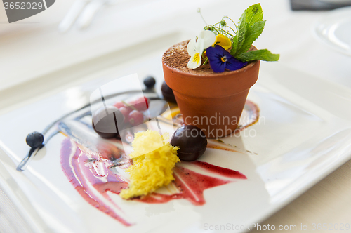 Image of close up of chocolate dessert at restaurant