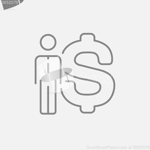 Image of Businessman standing beside dollar symbol line icon.