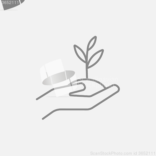 Image of Hands holding seedling in soil line icon.