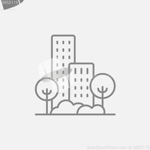 Image of Residential building with trees line icon.