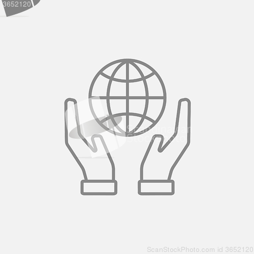 Image of Two hands holding globe line icon.