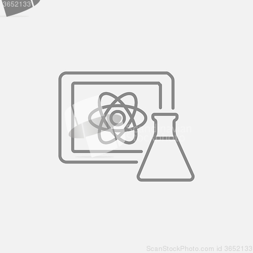 Image of Atom sign drawn on board and flask line icon.