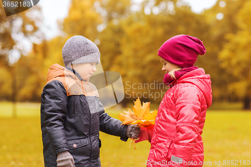 Image of little boy giving autumn maple leaves to girl