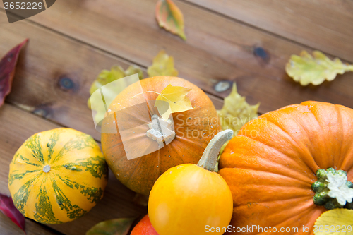 Image of close up of pumpkins on wooden table at home