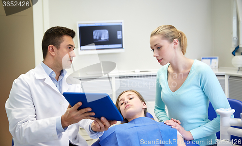 Image of dentist showing tablet pc to girl and her mother