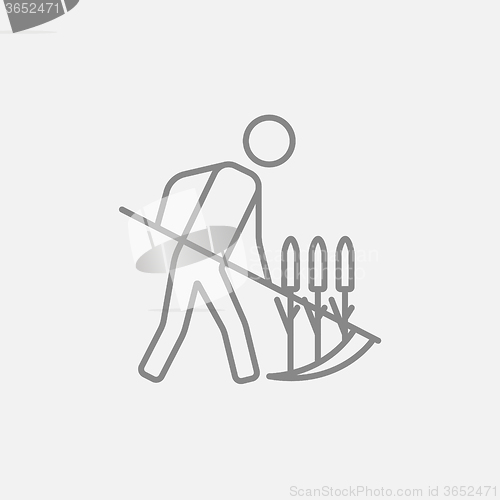 Image of Man mowing grass with scythe line icon.