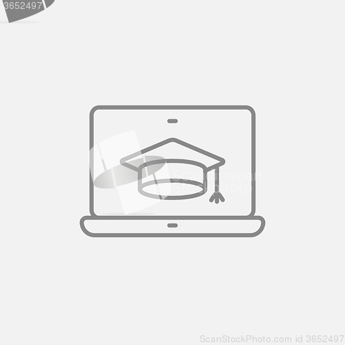 Image of Laptop with graduation cap on screen line icon.
