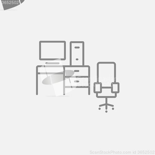 Image of Computer set with table and chair line icon.